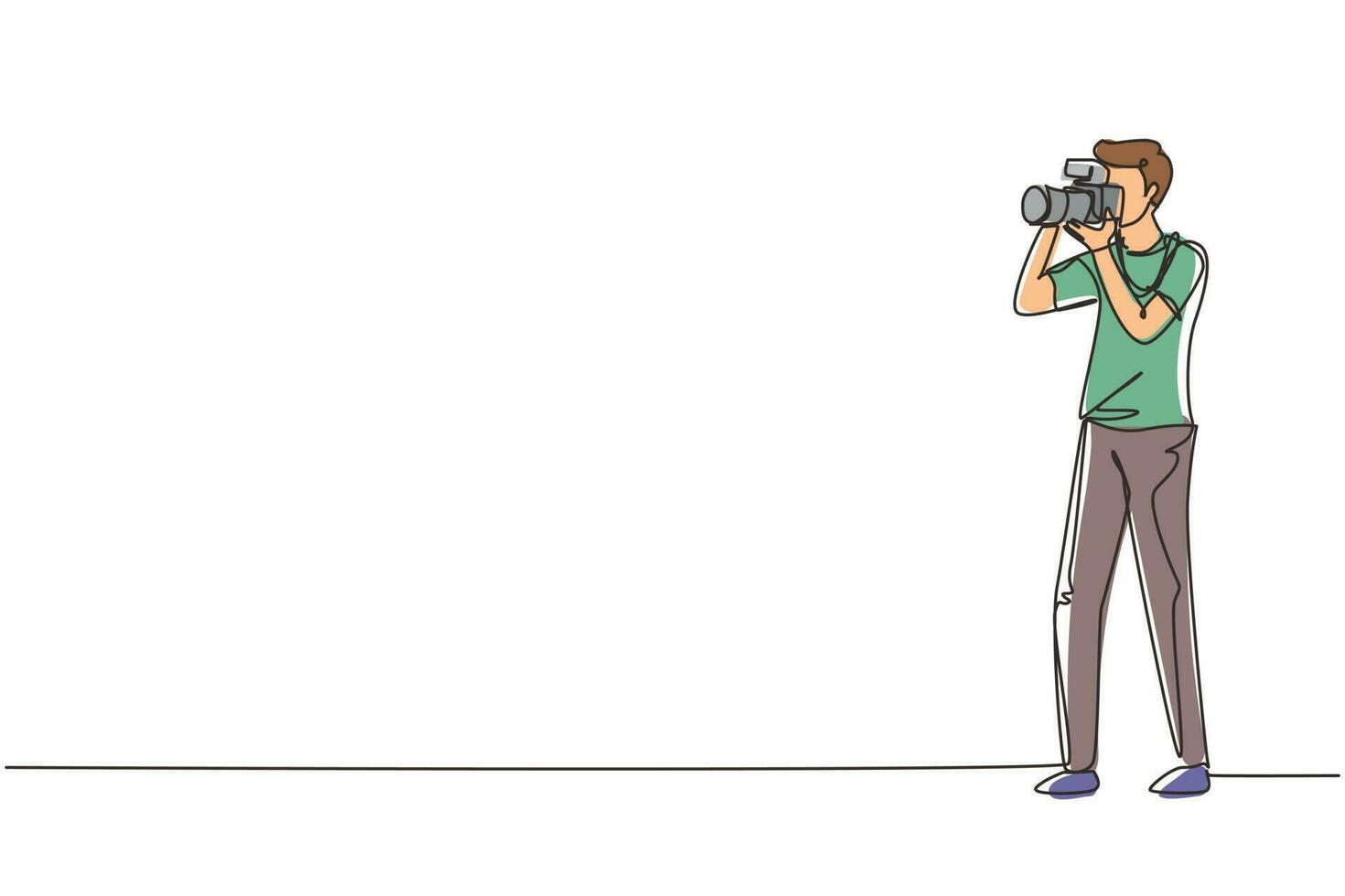 Single one line drawing happy professional photographer taking photo using dslr camera. Young male character shooting using lens camera. Modern continuous line draw design graphic vector illustration