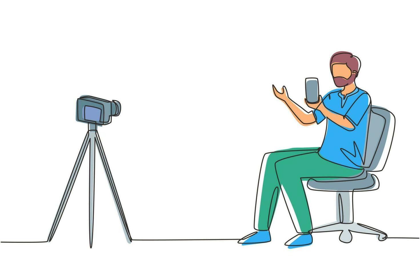 Continuous one line drawing Arab blogger review new smartphone on dslr camera. Live stream broadcast channel. Man holding mobile phone for review product. Single line draw design vector illustration