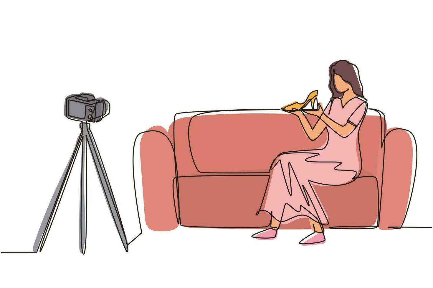 Single continuous line drawing stylish beauty blogger is sitting at sofa, reviewing heels shoe in her hands while recording video with digital camera, tripod. One line draw design vector illustration