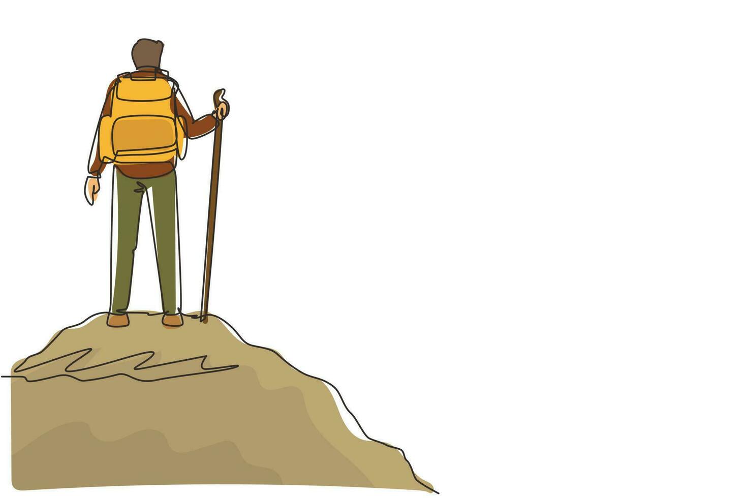 Continuous one line drawing hiker with backpack on top of mountain. Trekking man simple sketch. Happy climber reached the summit of the mountain. Single line draw design vector graphic illustration