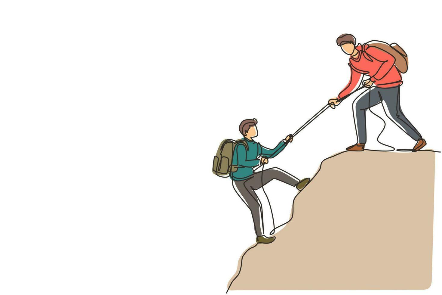 Single continuous line drawing two man hikers climbing up mountain and helping to each other with rope. Business, success, achievement and goal concept. One line draw design vector illustration