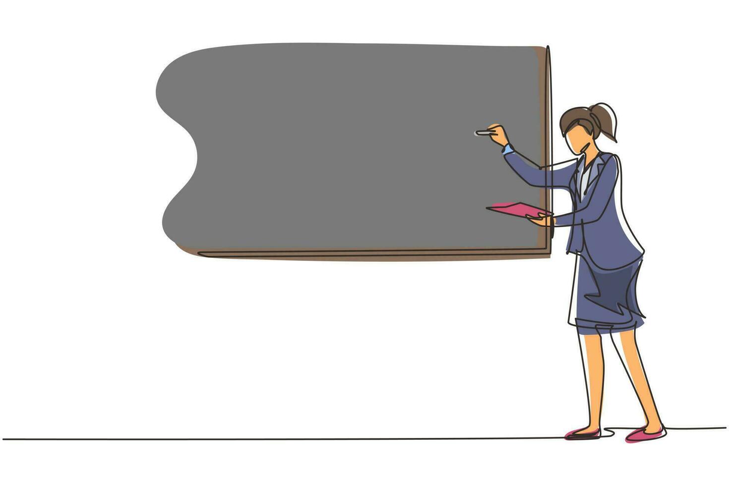 Single one line drawing business woman teacher standing in front of the white board, holding book and writing business plan strategy and tactics theory. Continuous line draw design vector illustration