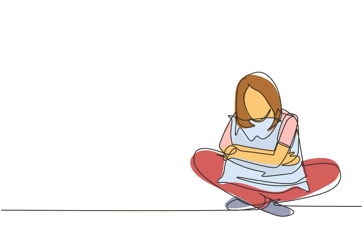 Single one line drawing woman sitting and hugging pillow with warm feeling. Stay at home campaign. Corona virus prevention. Relaxing and time to sleep. Continuous line draw design vector illustration