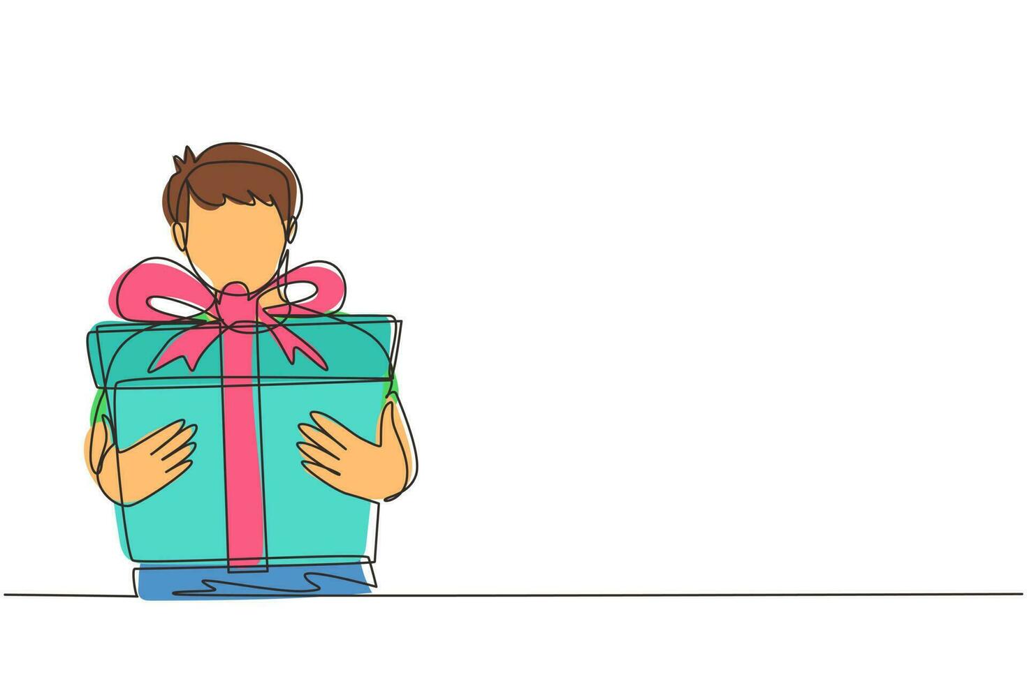 Single continuous line drawing kid holding big ribbon bow wrapped gift box in front of his in arms. Little boy carries holiday gift box with bow in his hands. One line draw design vector illustration