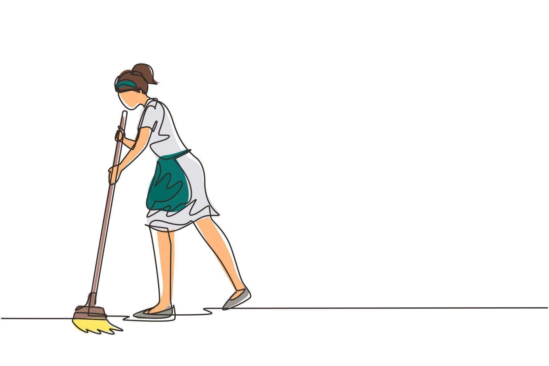 Single continuous line drawing female mopping floor at office. Cleaning