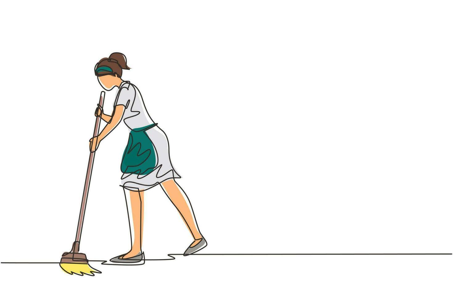 Single continuous line drawing female mopping floor at office. Cleaning workers. Professional cleaning staff, domestic cleaner worker and cleaners equipment. One line draw design vector illustration