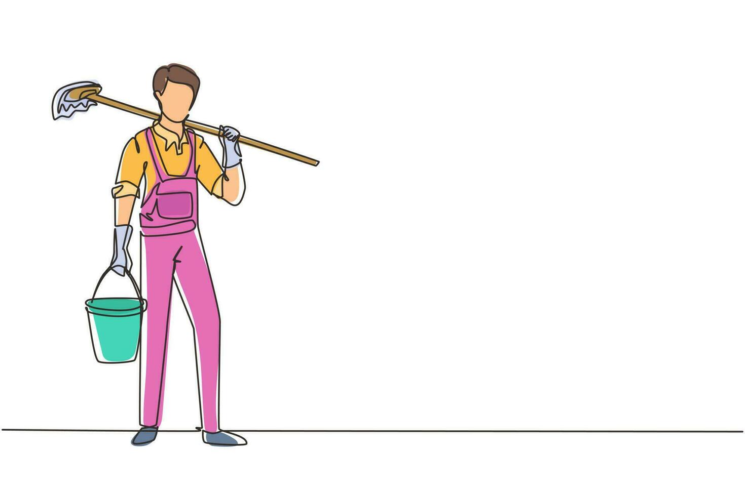 Single continuous line drawing man mopping floor, male cleaner janitor in uniform and bucket, cleaning service concept. Housework service or housekeeping workers, janitor. One line draw design vector