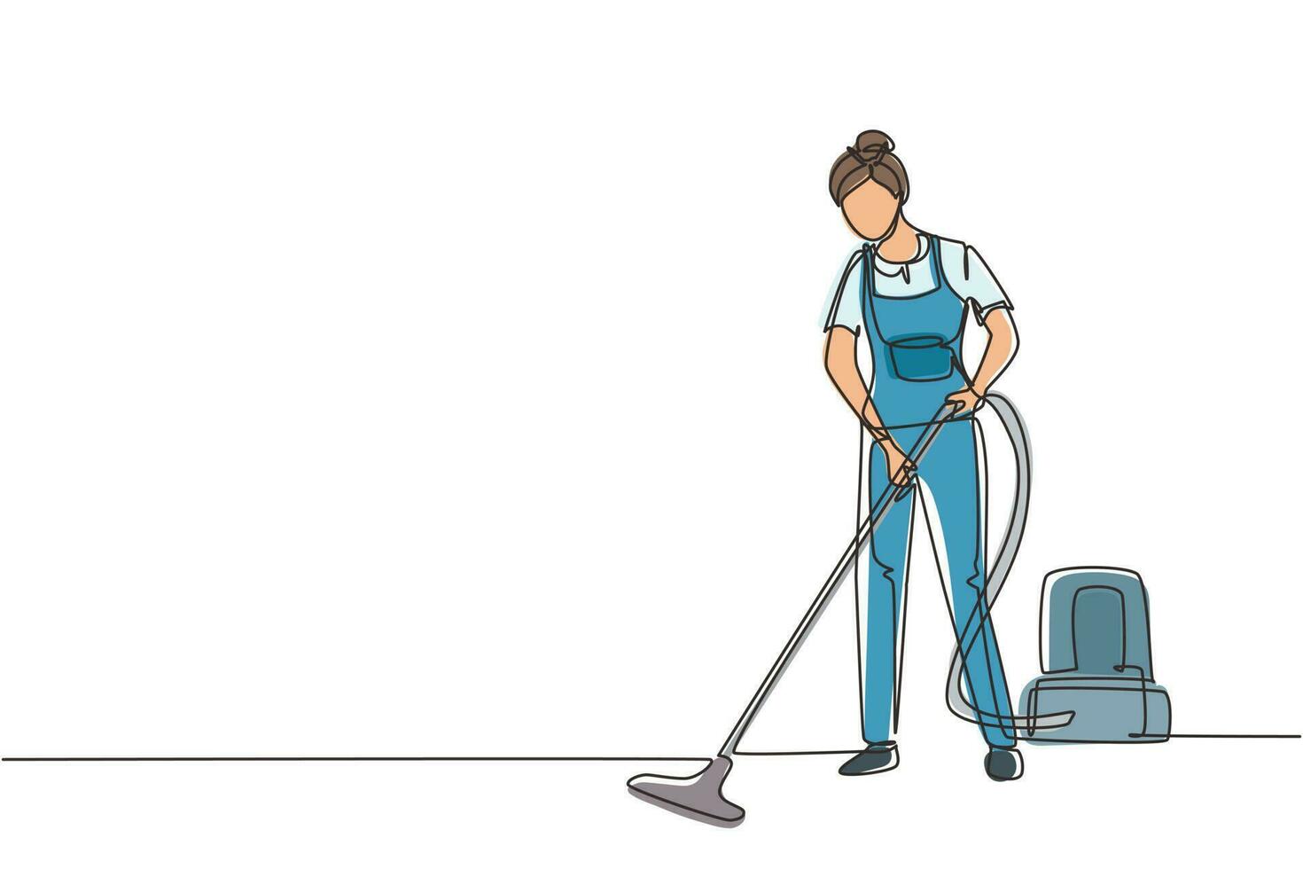 Single one line drawing female professional busy janitor vacuum cleaning indoor, floor office cleaning, young, happy, wearing uniform, protective glove. Continuous line draw design vector illustration
