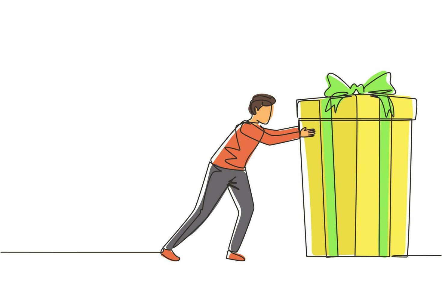 Single continuous line drawing young man pushes in front of him huge gift . Giving gifts for holiday concept. Wrapped birthday gift box with bow. Present, gift, birthday. One line draw design vector