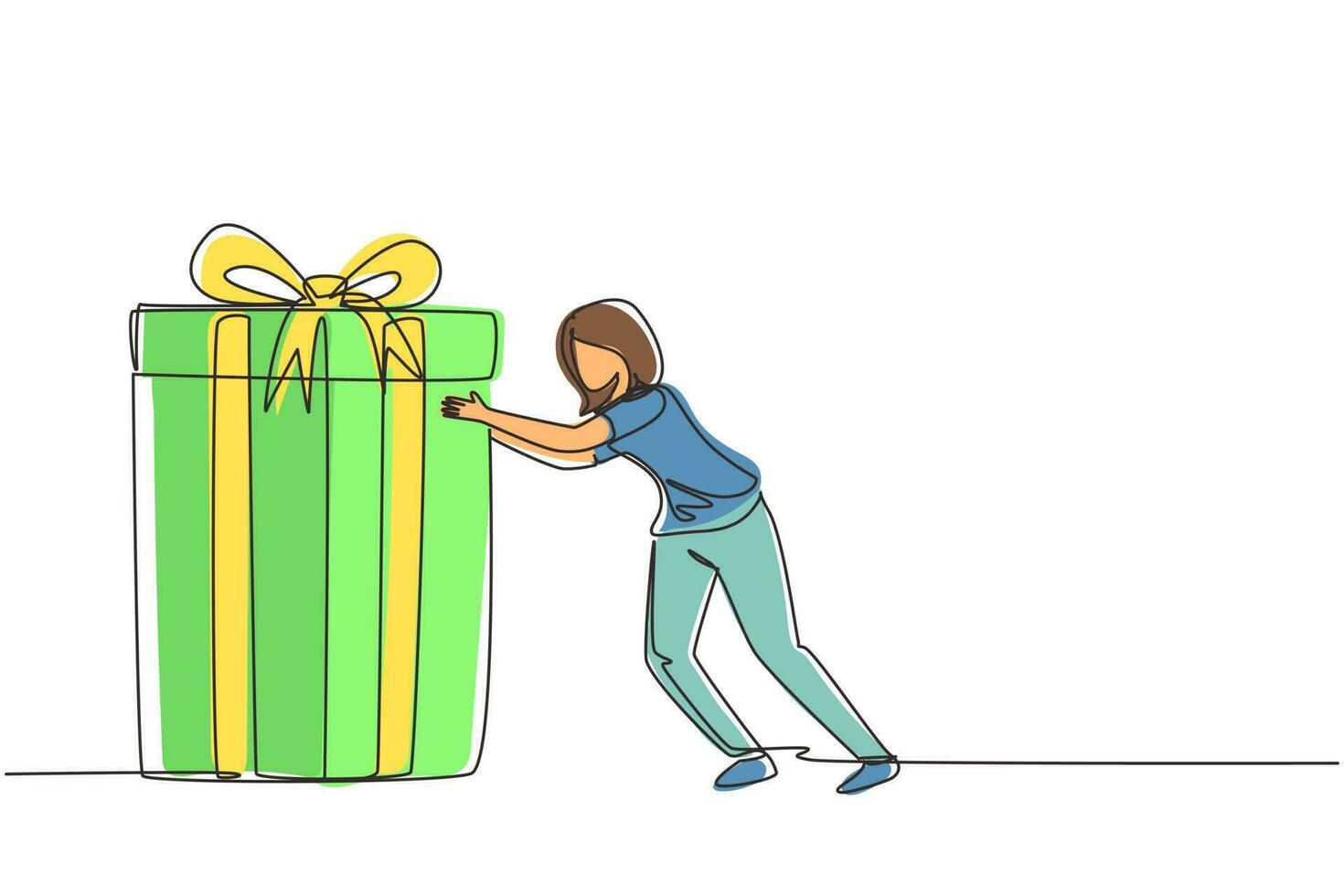 Single one line drawing young woman pushes in front of her huge gift . Giving gifts for holiday concept. Wrapped birthday gift box with bow. Present, gift, birthday. Continuous line draw design vector