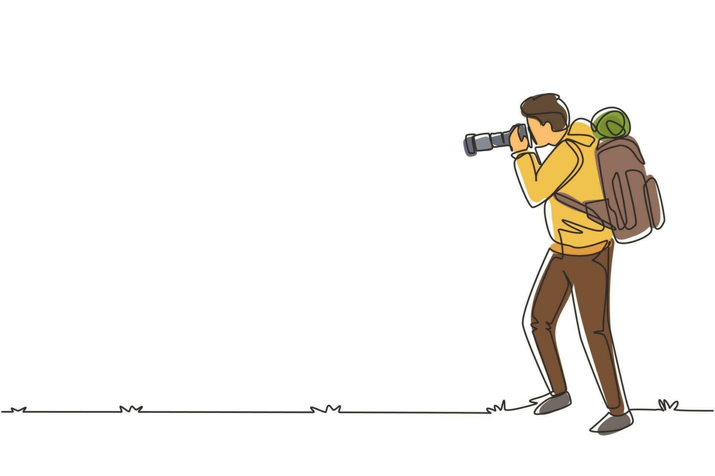Single one line drawing young male photographer standing taking photo using camera, tourist with backpack. Photographer with his telephoto lens. Continuous line draw design graphic vector illustration