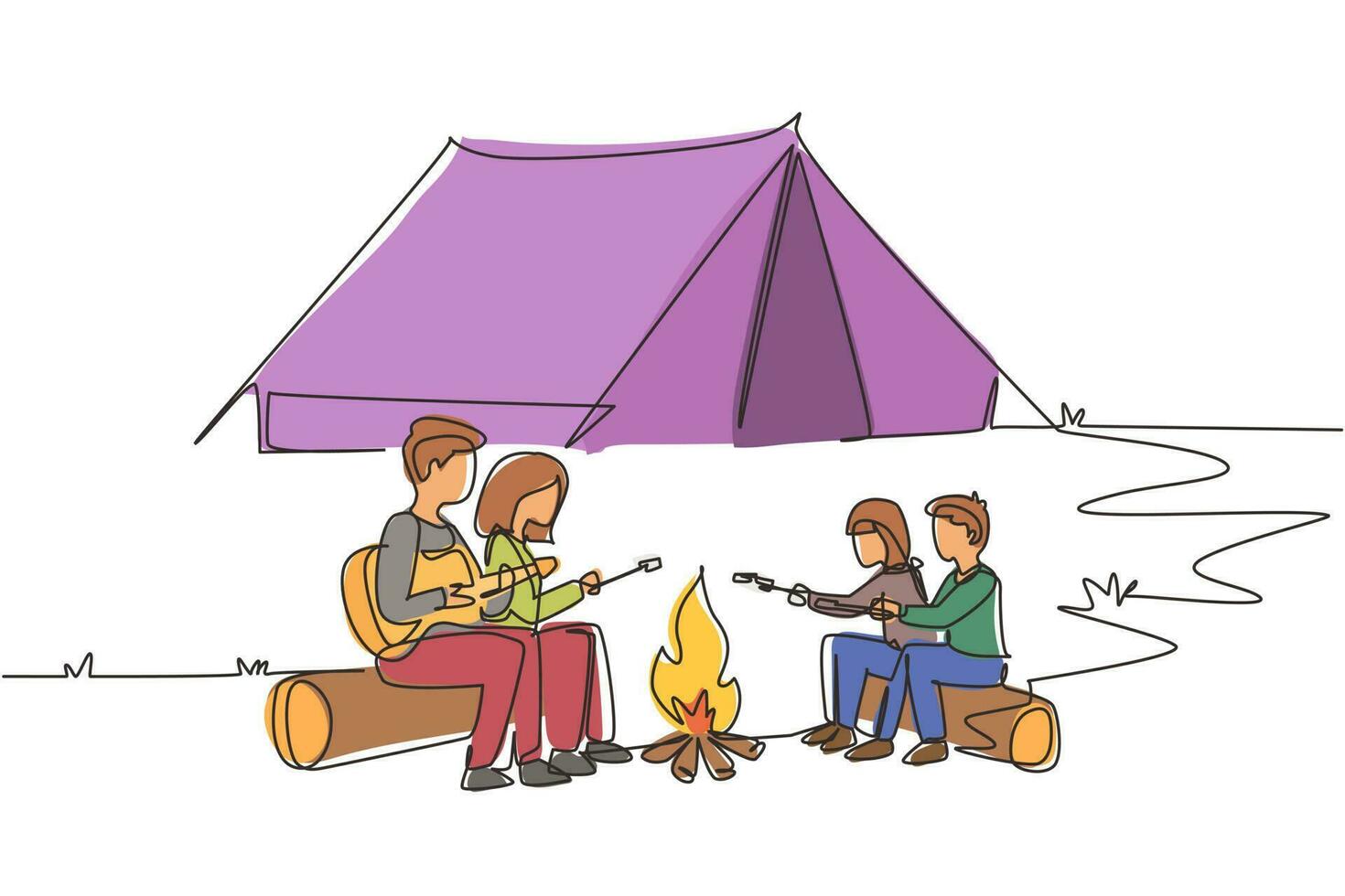 Single continuous line drawing hiker family sit by campfire. Tourist campers. Dad playing guitar, mom and kids roast marshmallows. Night camping entertainment. One line draw design vector illustration