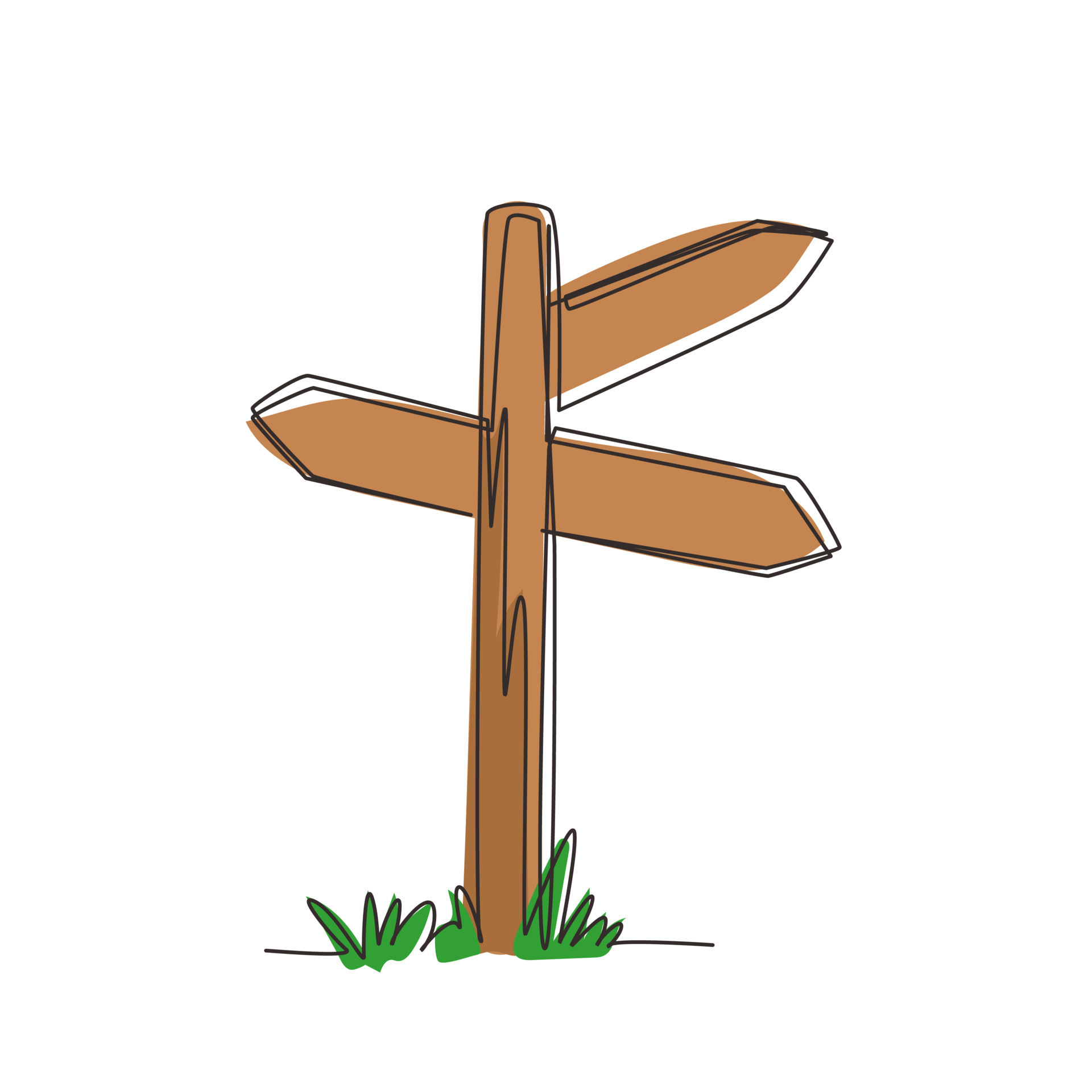 Continuous one line drawing wooden way direction sign Vintage board on