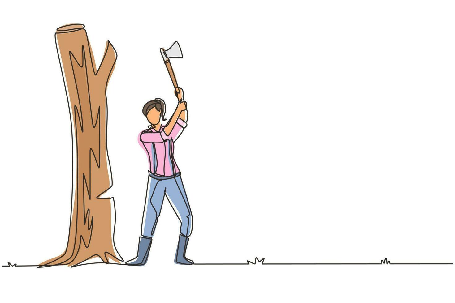 Single one line drawing female lumberjack with an ax chopping wood. Woodcutter chopping tree with axe. Wearing shirt, jeans, boots. Woman with ax in her hands cut tree. Continuous line design vector