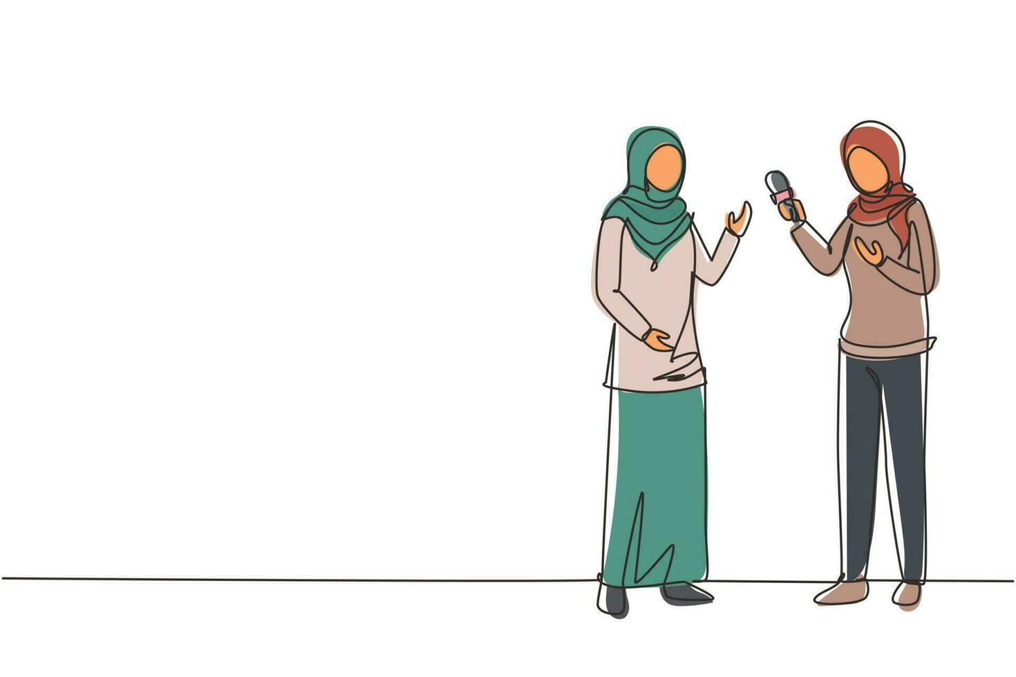 mujer de negocios árabe de dibujo de una sola línea que da una entrevista en presencia de un periodista con dictáfono. reportera de televisión entrevistando preguntas. ilustración de vector de diseño de dibujo de línea continua