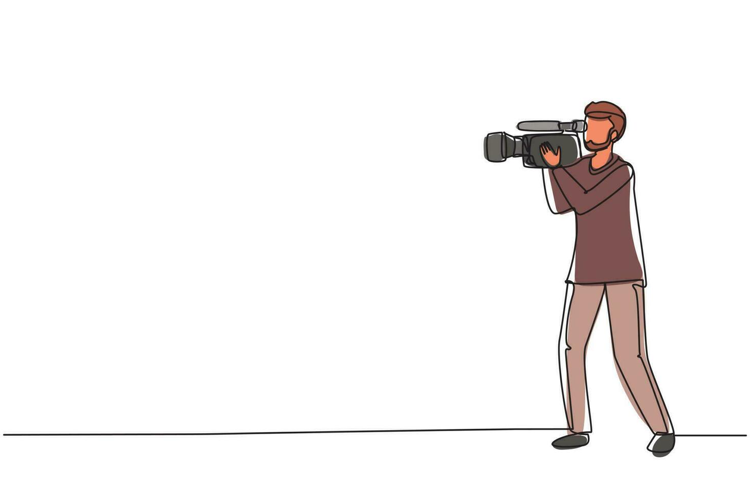 Continuous one line drawing professional camera operator holding big camera on shoulder. Arabian cameraman, reporter shooting TV content. Videographer job. Single line draw design vector illustration