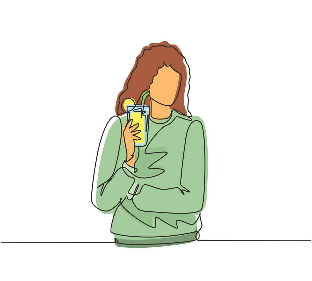 Single continuous line drawing happy woman drinking summer refreshing fruit flavored infused water with fresh organic lemon, lime, mint at glass. One line draw graphic design vector illustration