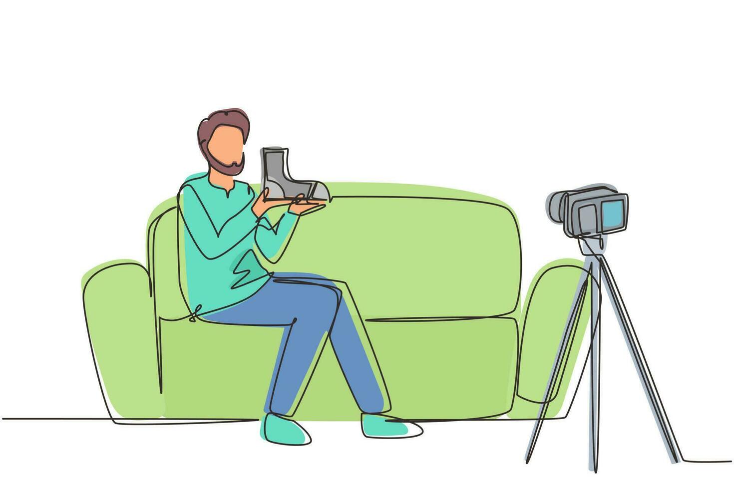 Single continuous line drawing social media influencer reviewing boots. Smiling young Arab man vlogging about men's sports shoe and filming himself at home on video camera. One line draw design vector