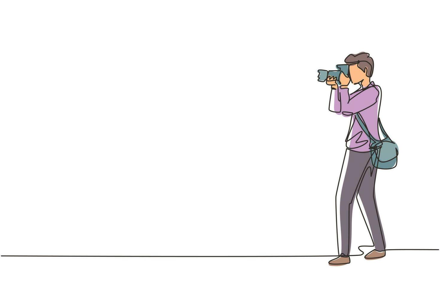 Single continuous line drawing photographer holding photo camera and photographing. Creative profession or occupation. Happy male take photo shot. One line draw graphic design vector illustration