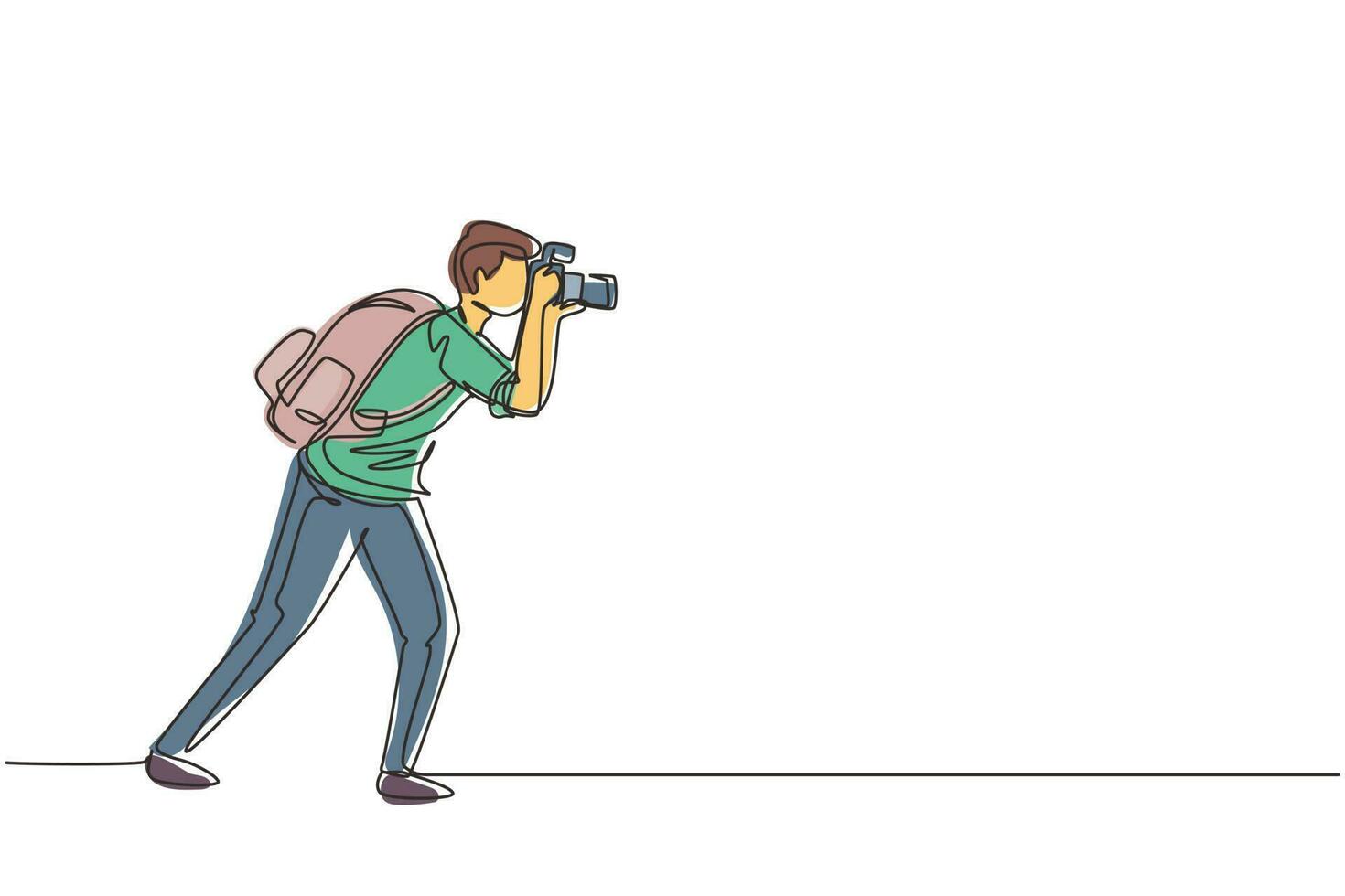 Single one line drawing journalist or reporter with backpack making pictures. Photographers of paparazzi taking photo with digital cameras dslr. Continuous line draw design graphic illustration vector
