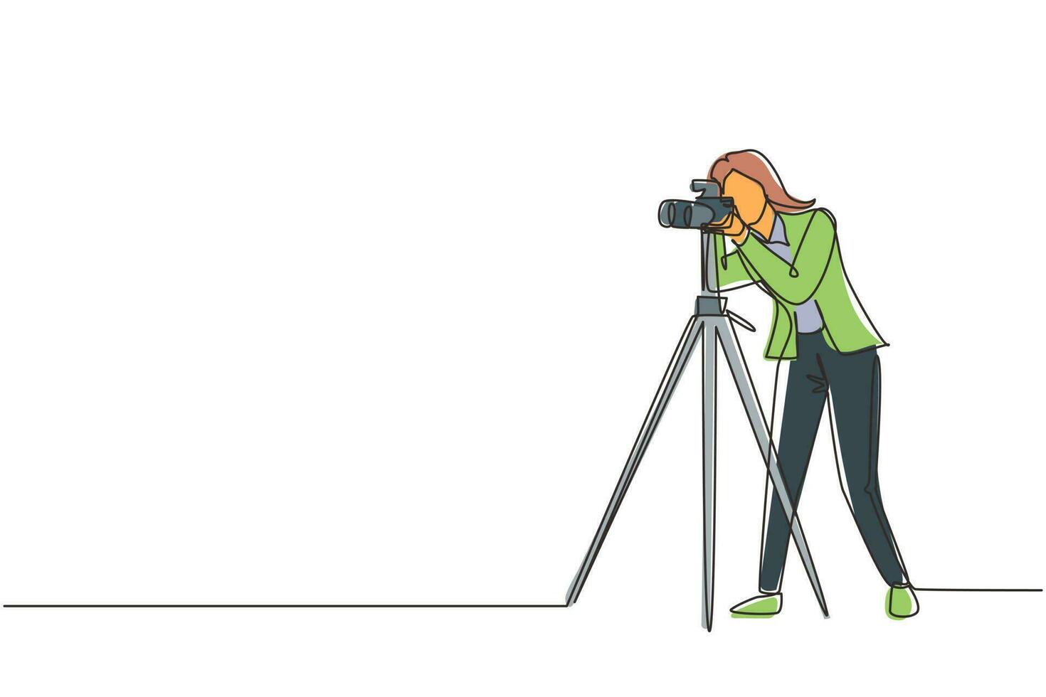 concepto de diseño de paparazzi de mujer de dibujo de una sola línea continua con el fotógrafo disparando la apariencia de estrellas del mundo del espectáculo u otras celebridades con trípode. ilustración de vector de diseño de dibujo de una línea