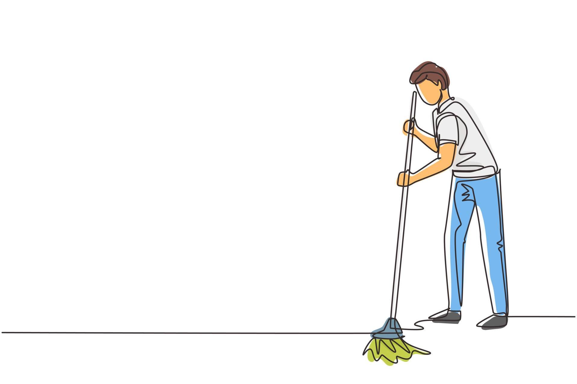 Single one line drawing young man mopping floor and cleanup indoors