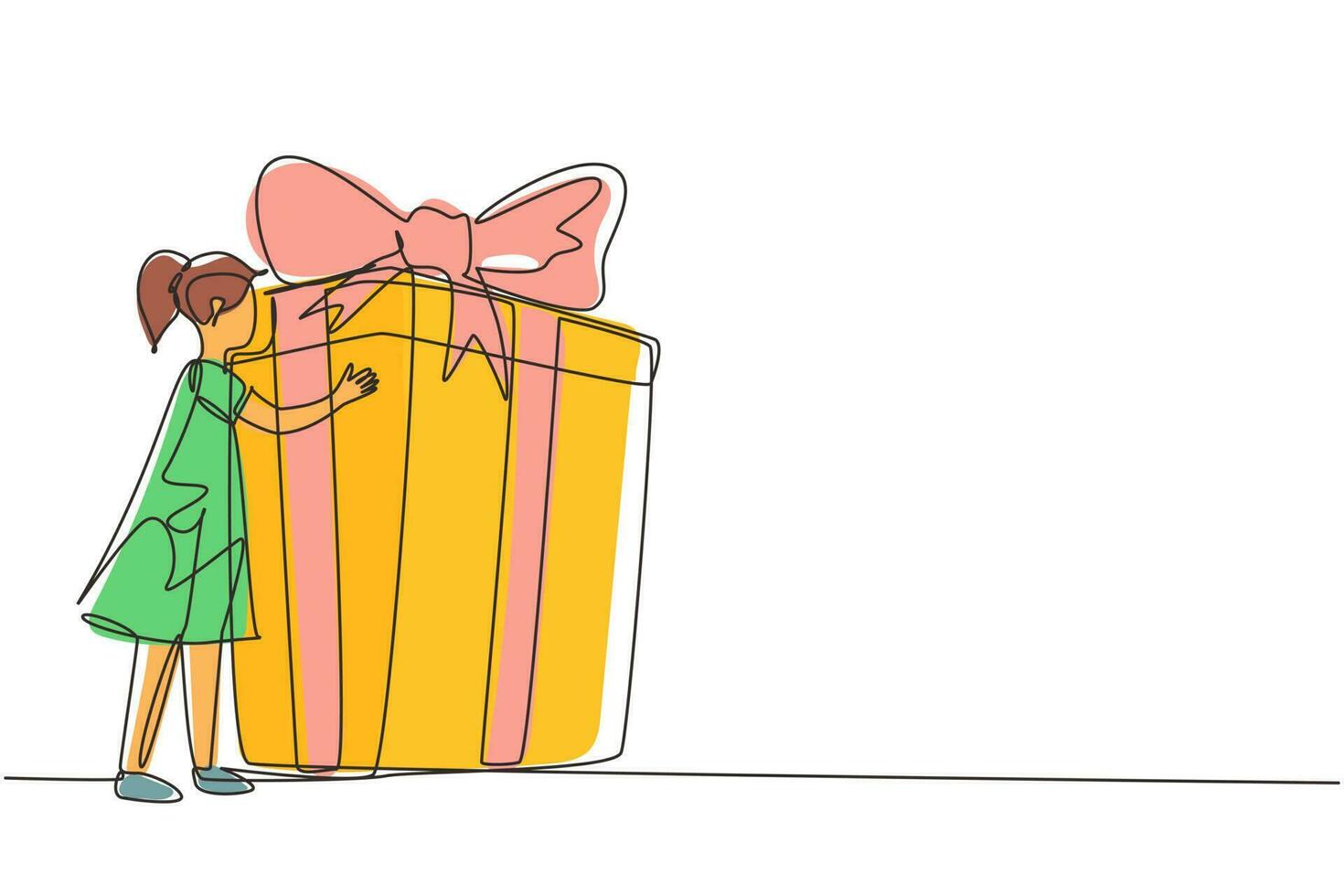 Single continuous line drawing happy little girl hugging huge birthday gift. Satisfied kid standing near wrapped birthday gift box with bow. Present, birthday. One line draw design vector illustration