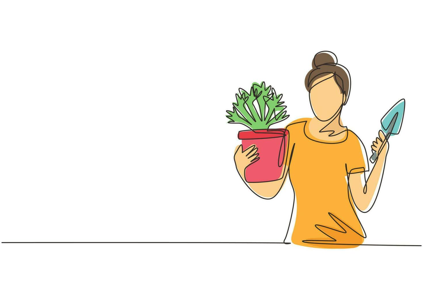 Single continuous line drawing young woman gardener. Beautiful lady farmer holding little shovel and plant in pot. Gardener takes care of home garden. One line draw graphic design vector illustration