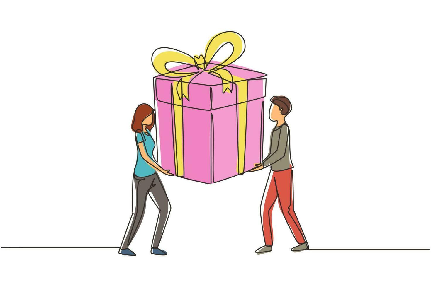 Single continuous line drawing happy couple man and woman are carrying a huge gift box. Big bonus or special offer. Happy birthday present. Dynamic one line draw graphic design vector illustration