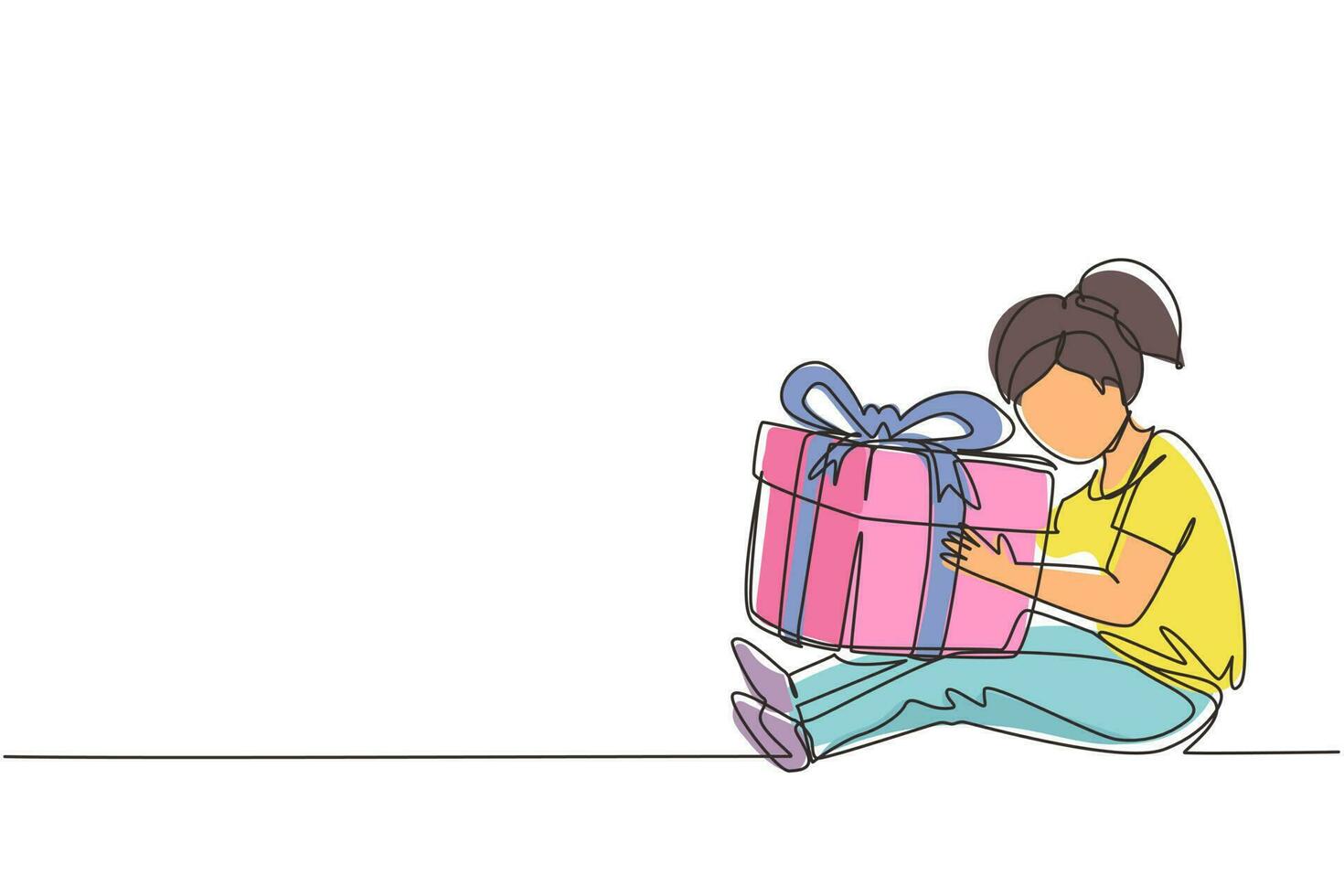 Continuous one line drawing cheerful girl sitting and hugging big gift box with ribbon bow wrapped in front of her in arms. Little kid accept birthday gift. Single line draw design vector illustration