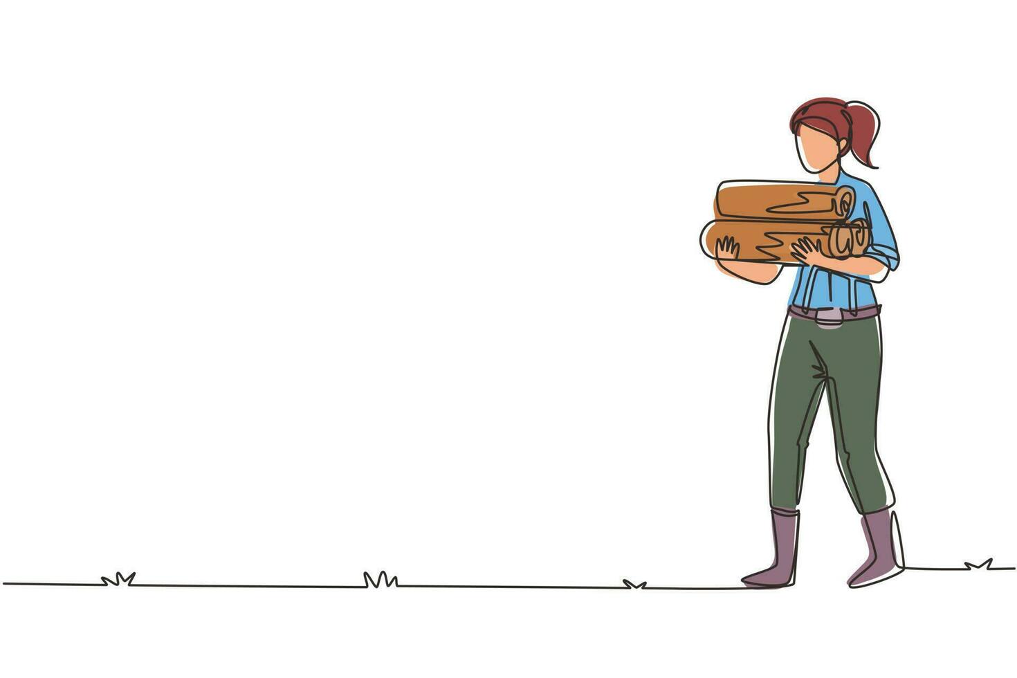 una línea continua dibujando una leñadora fuerte con camisa a cuadros, jeans y botas, sosteniendo una pila de leña en las manos. mujer leñadora, trabajadora forestal. gráfico vectorial de diseño de dibujo de una sola línea vector