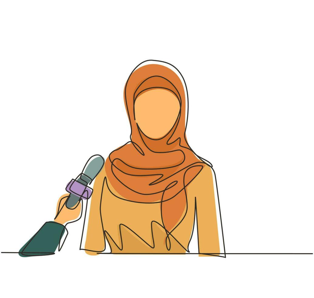 Single one line drawing interview with young Arabian girl. Digital journalism. News conference world live tv hands of journalists microphones interview. Continuous line draw design graphic vector