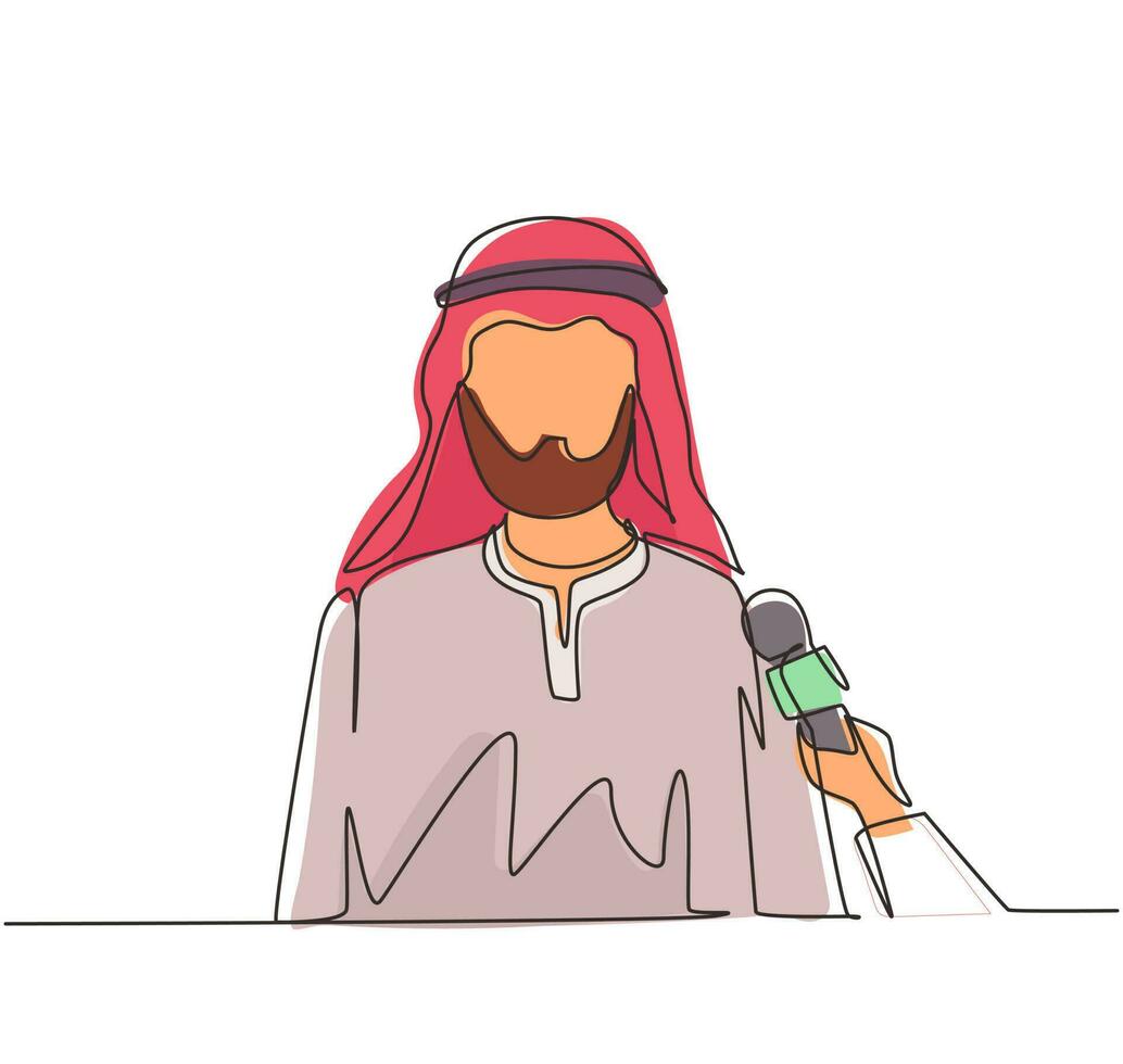 Single continuous line drawing Arab businessman giving interview in presence of journalists with microphones. Man gives comments, opinions for breaking news. One line draw design vector illustration