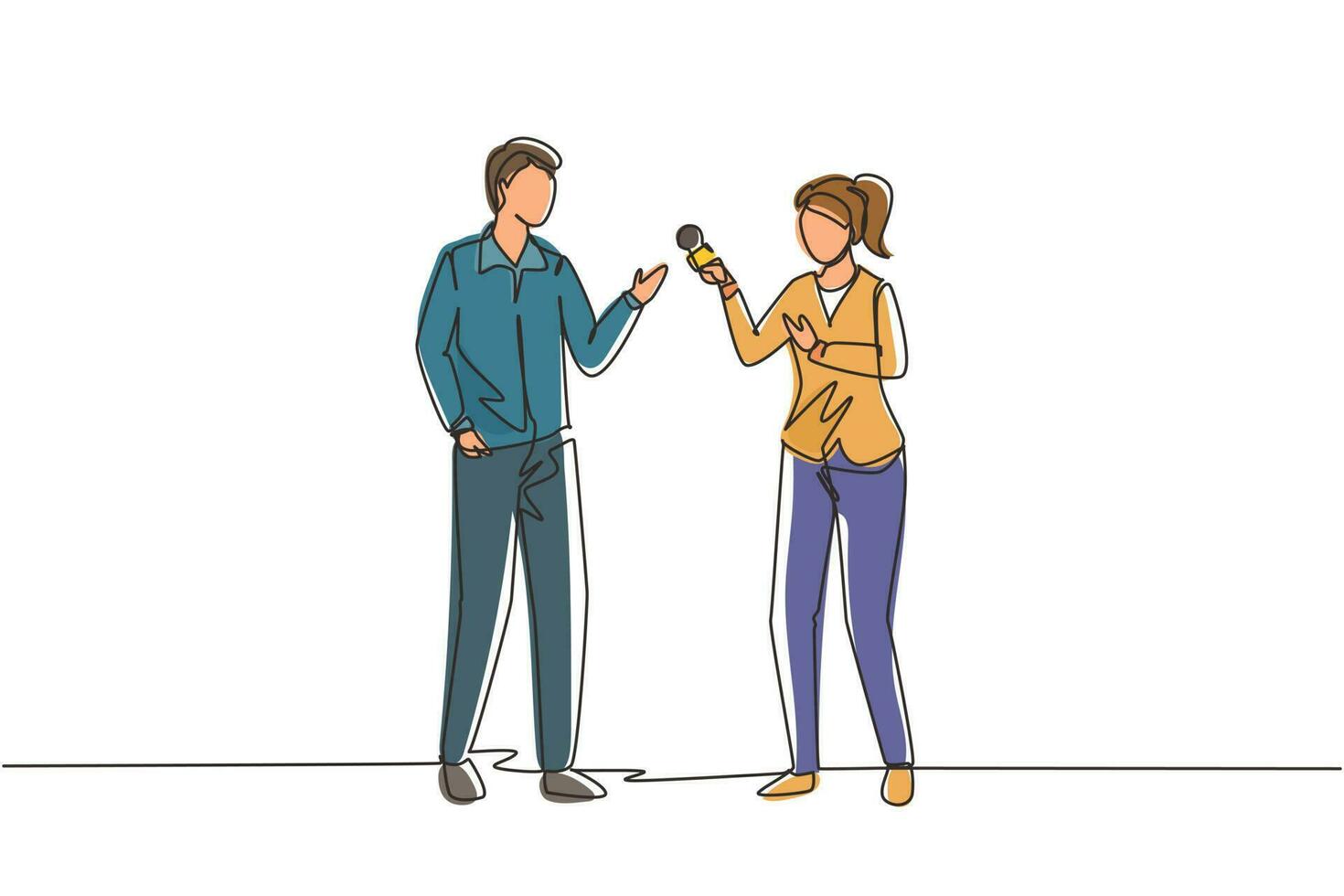 Single continuous line drawing TV journalist, reporter with microphone interviews senator, vip businessman, congressman. Business news, tv channel. One line draw graphic design vector illustration