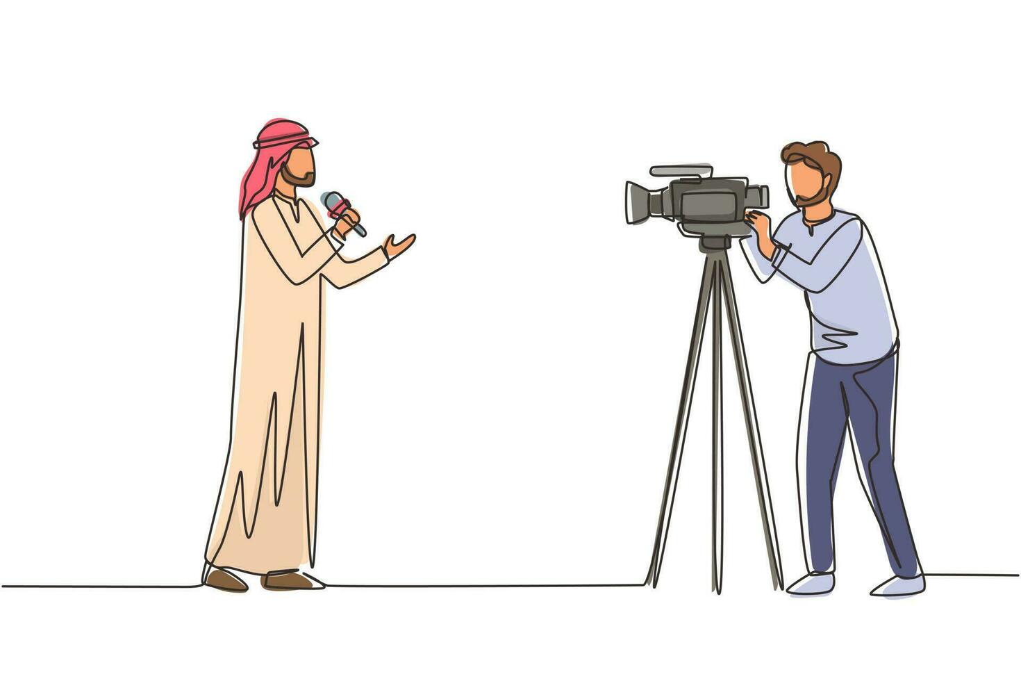 Single one line drawing Arabian reporter, operator. News reporter performing. Journalists on air. Video cameraman filming news reporter with microphone. Continuous line draw design vector illustration