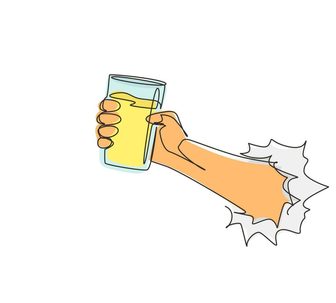 Continuous one line drawing hand holding glass with lemonade fruit juice through torn white paper. Drink made of fresh lemon juice. Juicy orange water. Relaxing time. Single line draw design vector