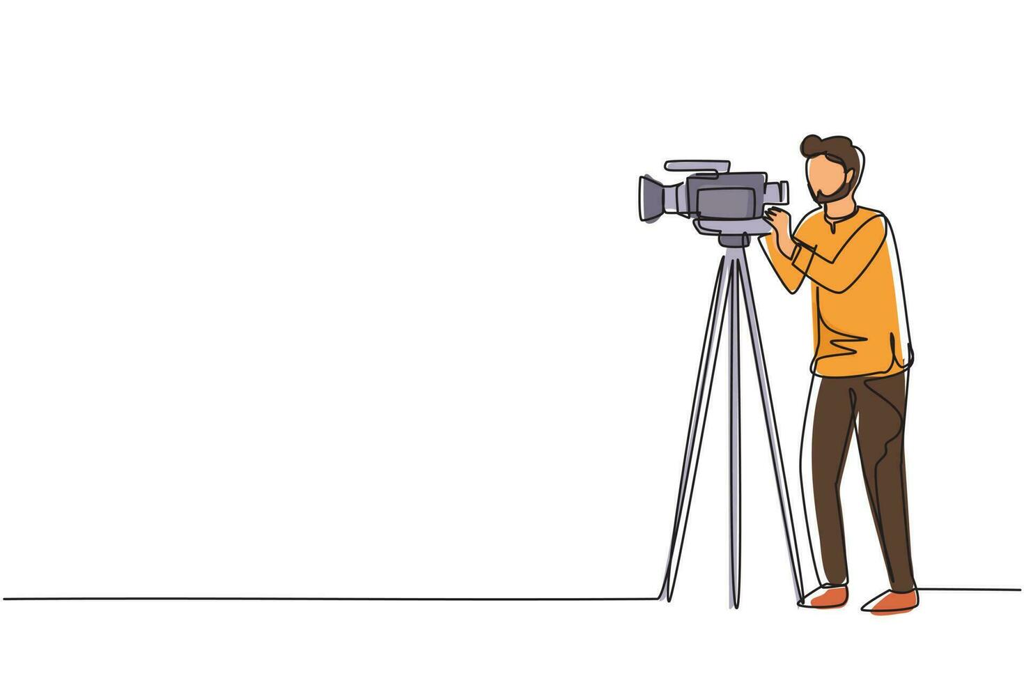 Single continuous line drawing Arabian cameraman, operator, videographer standing with camera. Shooting of movie production, broadcasting news or tv show live. One line draw design vector illustration