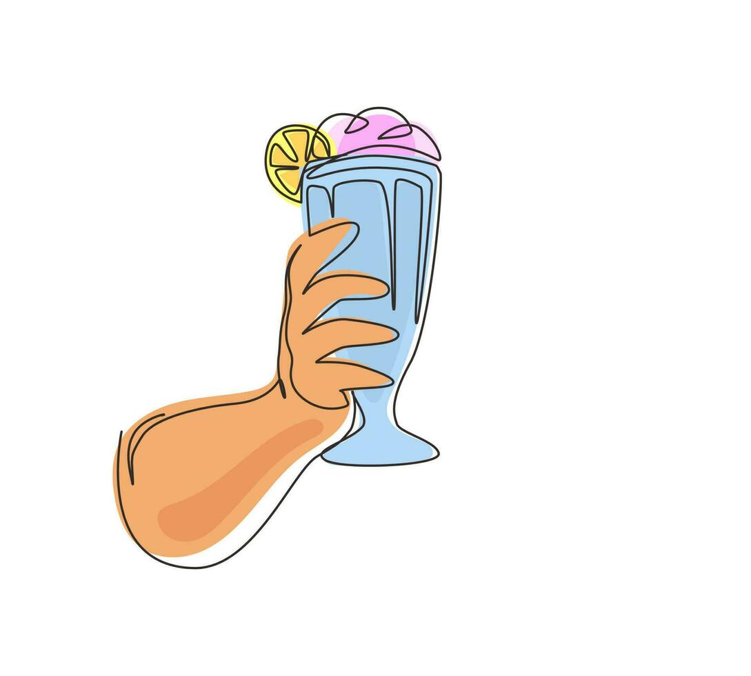 Single one line drawing hand holds glass milkshake with whipped cream. Cold soft drink for summer. Sweet beverage. Tasty and yummy fast food. Continuous line draw design graphic vector illustration