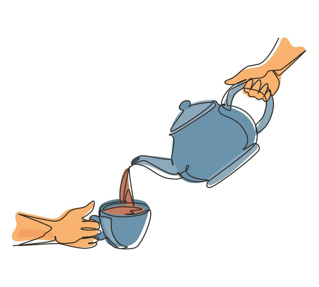 Single one line drawing teapot pouring tea into cup. Woman pouring organic tea into ceramic cup with sand glass. Teapot, teacup. Breakfast concept. Continuous line draw design vector illustration