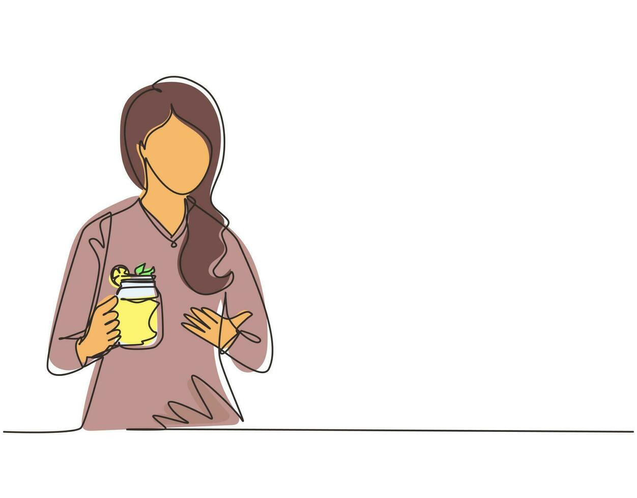 Continuous one line drawing pretty woman holds and show mug of lemonade with ice in hand. Young girl wearing shirt having morning breakfast with orange juice. Single line draw design vector graphic