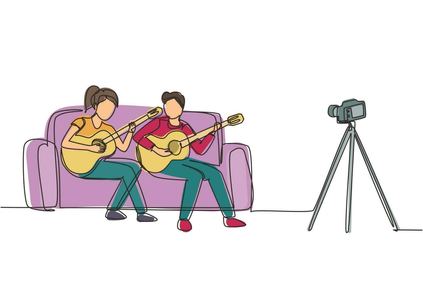Single continuous line drawing couple vlog influencer performing music show to streaming internet online audience listening at home. Man woman playing guitar and sing song. One line draw design vector