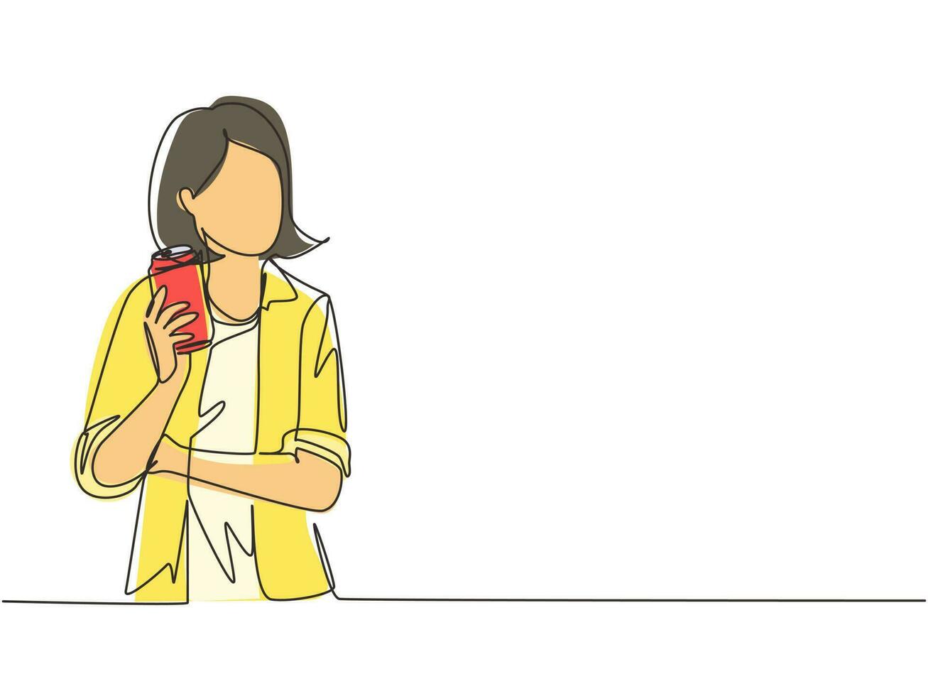 Single one line drawing woman hand showing soda refreshment a can sitting on couch in living room at home. Girl holding energy drink. Modern continuous line draw design graphic vector illustration