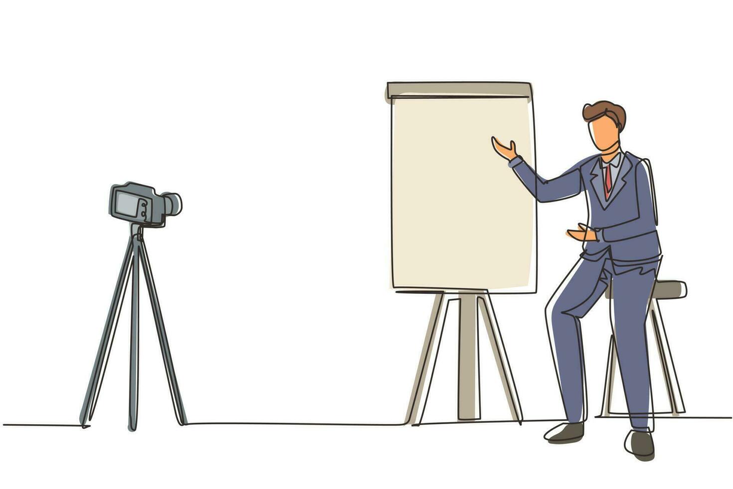 Single continuous line drawing young businessman blog doing presentation. Marketer, financial advisor, business coach, trainer. Entrepreneur streaming webinar. One line draw design vector illustration