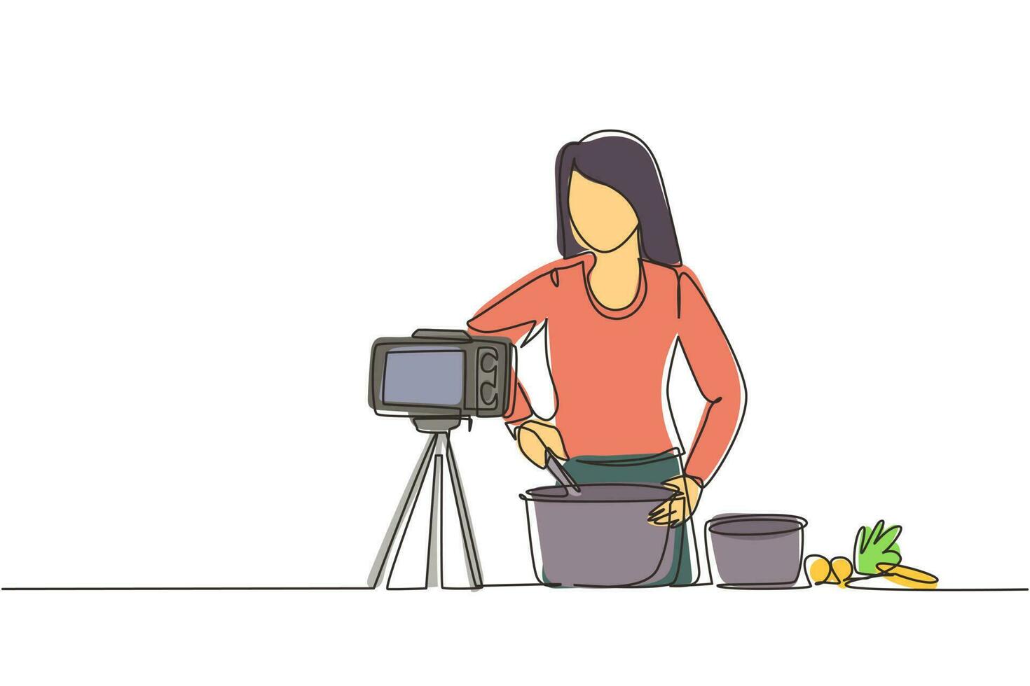 Single one line drawing woman in kitchen preparing dessert at home, stirring dough with spatula. Cooking live streaming. Blogger prepares meal online. Continuous line draw design vector illustration