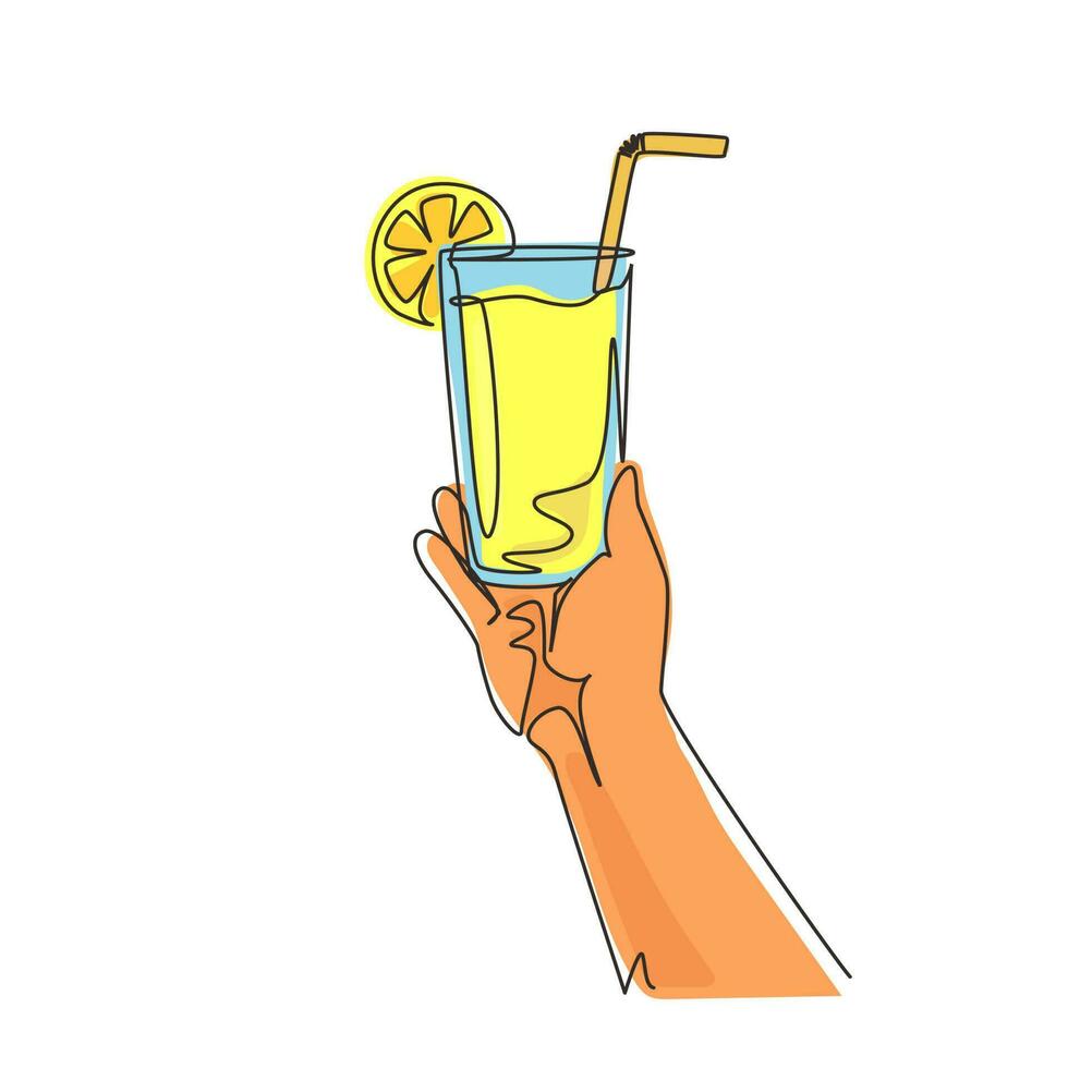 Single continuous line drawing hand holding glass with lemon fruit juice. Sweet beverage. Tasty and yummy food. Juicy water with straw, delicious treatment organic product. One line draw design vector