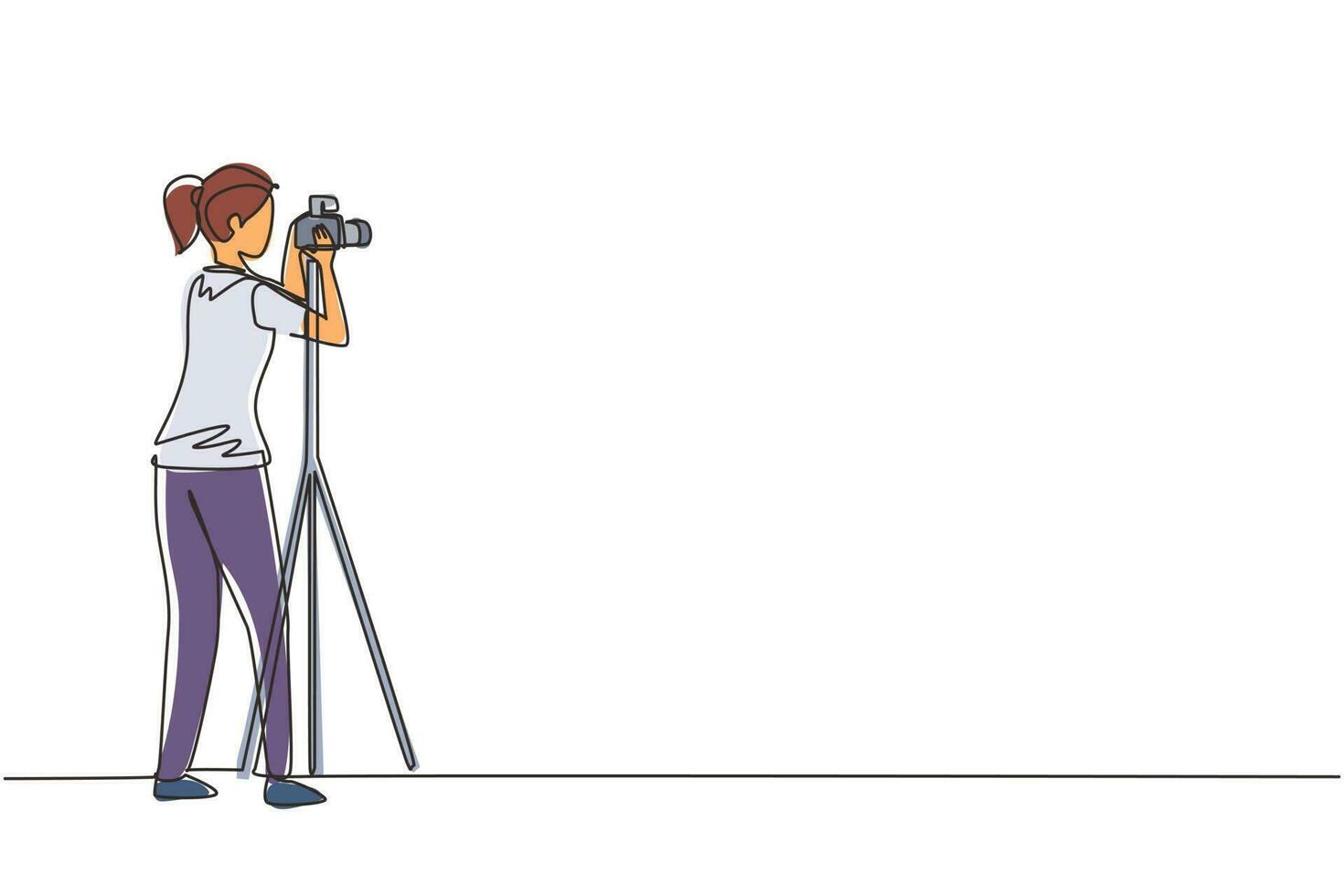 Continuous one line drawing female photographer with camera. Studio photo. Professional woman photographer taking pictures, images. Photography concept. Single line draw design vector illustration