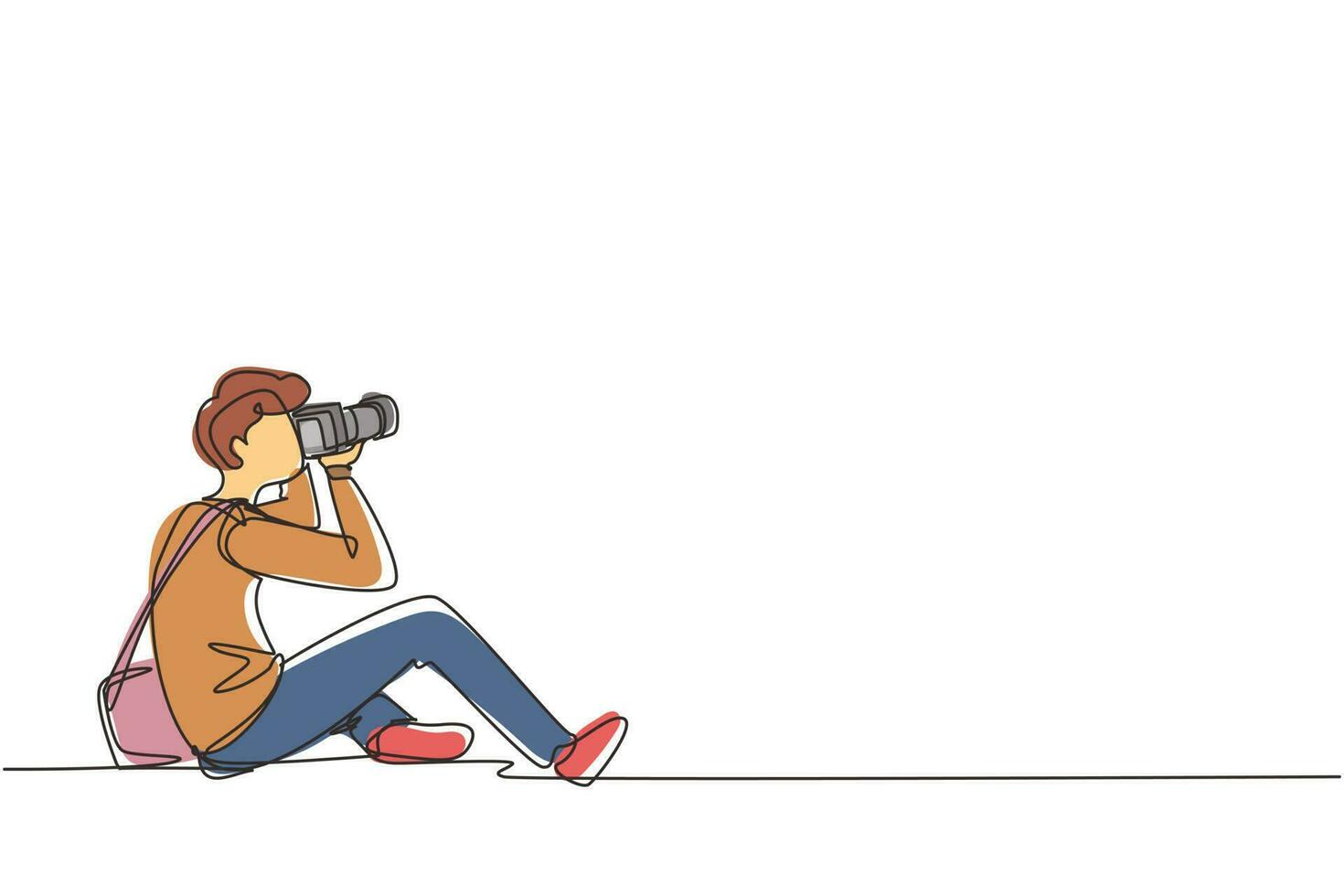 Single one line drawing photographer of paparazzi taking photo with modern digital camera with angles. Journalist or reporter making pictures. Continuous line draw design graphic vector illustration