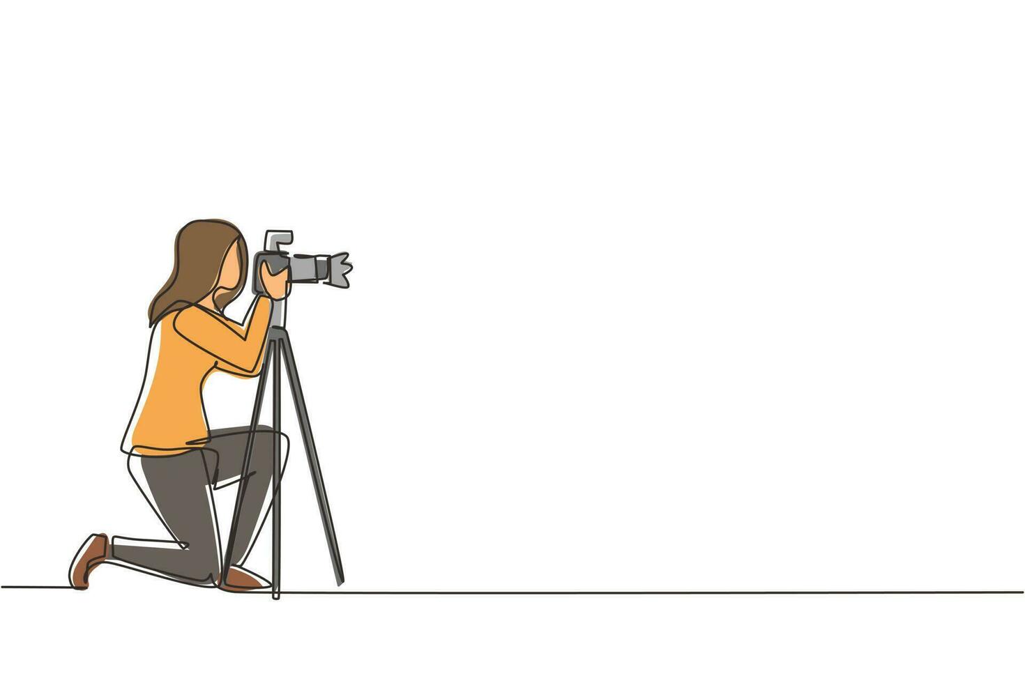 Single continuous line drawing professional photographer woman kneeling for taking pictures with digital camera and tripod. Digital photography hobby for girl. One line draw design vector illustration