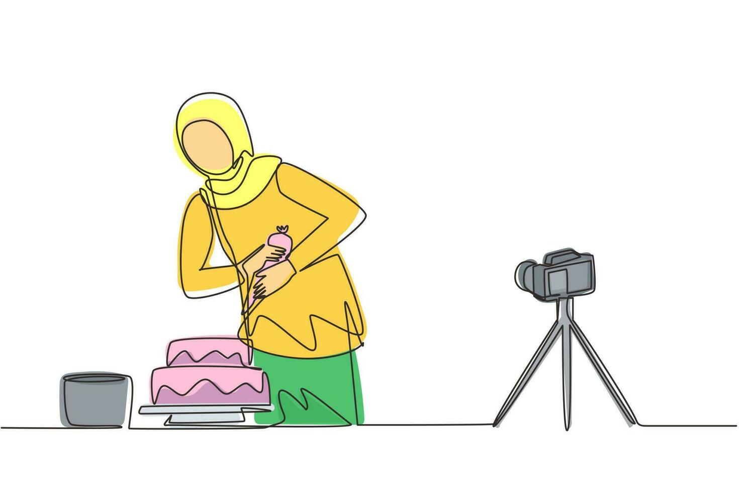 Single continuous line drawing Arab girl baking, decorating cake at kitchen. Woman blogger recording video on camera, using tripod, posting it on social media. One line draw design vector illustration