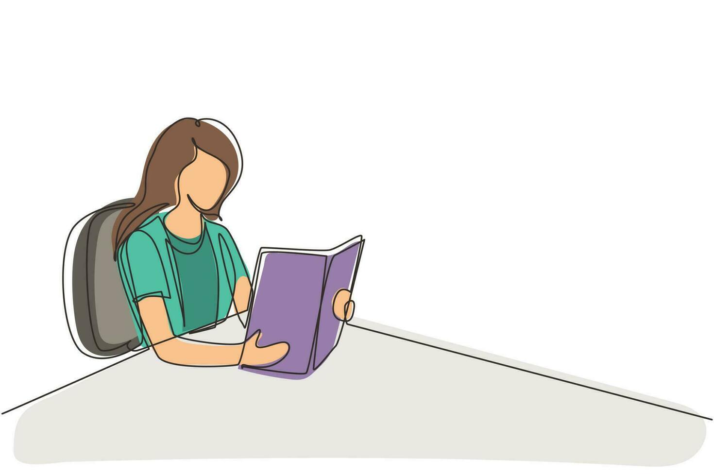 Single one line drawing girl student sitting at table and holding book in hands. Female reading a book. Young woman reading book and preparing for exam. Continuous line draw design vector illustration